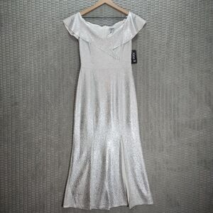 NWT! Alexa B Metallic Silver Off-Shoulder Maxi Dress-Statement Collar-Sz 8